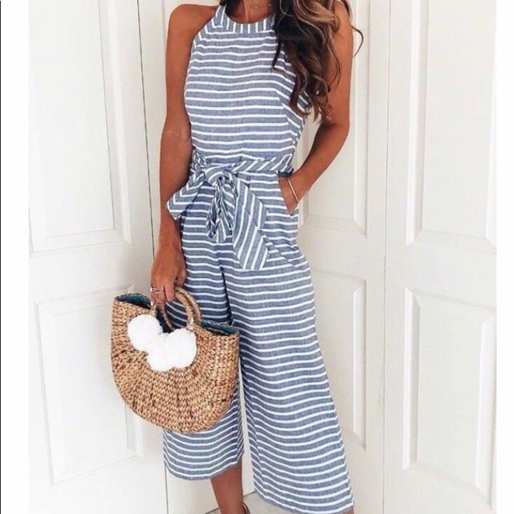 Blue and white striped jumpsuit